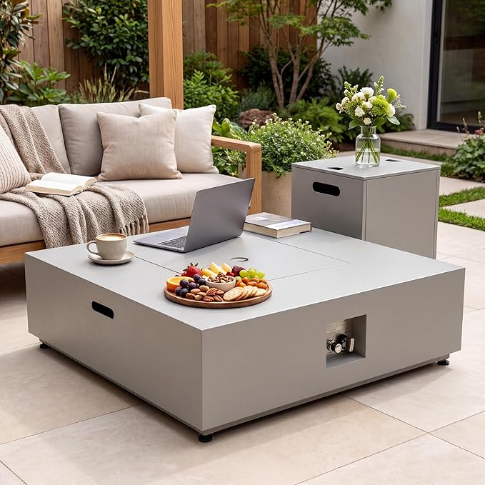 NICESOUL 40" Outdoor Square Propane Fire Pit Table with Hidden Tank Desk, 50,000 BTU Natural Gas Fireplace for Backyard Patio, CSA Certified Firepit with Tempered Glass Guard & Cover, Concrete Grey