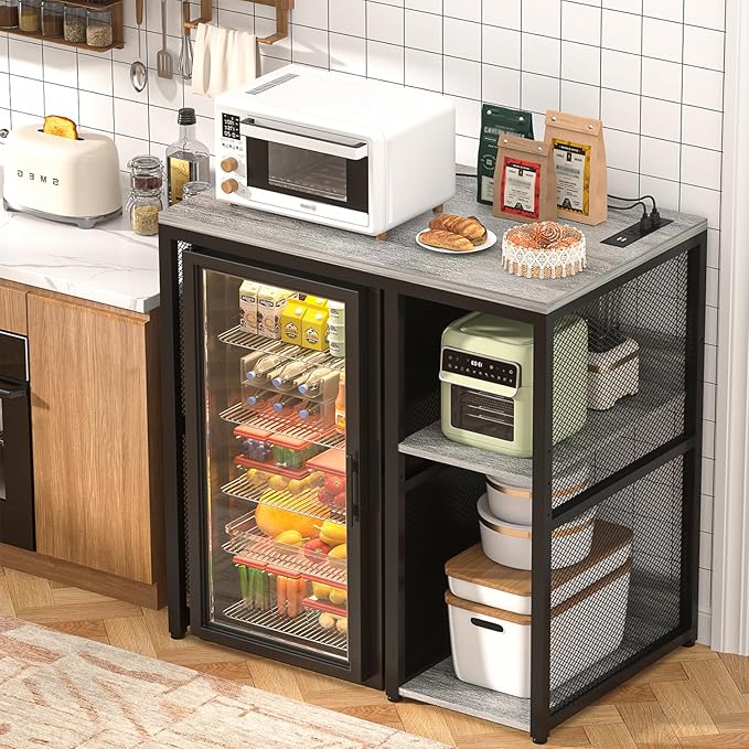 Homieasy Mini Fridge Cabinet with Power Outlet, Coffee Bar Cabinet with Mini Fridge Space, Industrial Liquor Cabinet with Wine Storage & Glass Holder for Dorm, Living Room, Home Kitchen, Light Oak