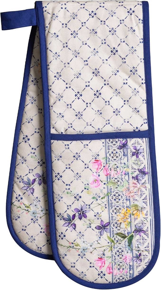 Maison d' Hermine Double Oven Mitts 100% Cotton 7"x35" Double Oven Mitt Heat Resistant BBQ Cooking Gloves with Loop Baking Grilling Kitchen Hotel Home Farmhouse Spring Summer (Faience)