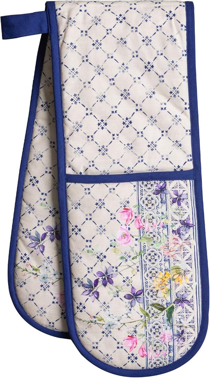 Maison d' Hermine Double Oven Mitts 100% Cotton 7"x35" Double Oven Mitt Heat Resistant BBQ Cooking Gloves with Loop Baking Grilling Kitchen Hotel Home Farmhouse Spring Summer (Faience)