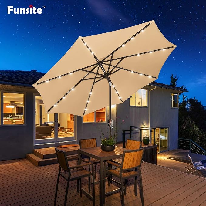 9ft Patio Umbrella with Solar Lights, Outdoor Umbrella with 24 LED Solar Umbrella Lights, Solar Patio Umbrella with Push Botton Tilt & Crank Ideal for Garden, Deck, Backyard & Pool, Brown