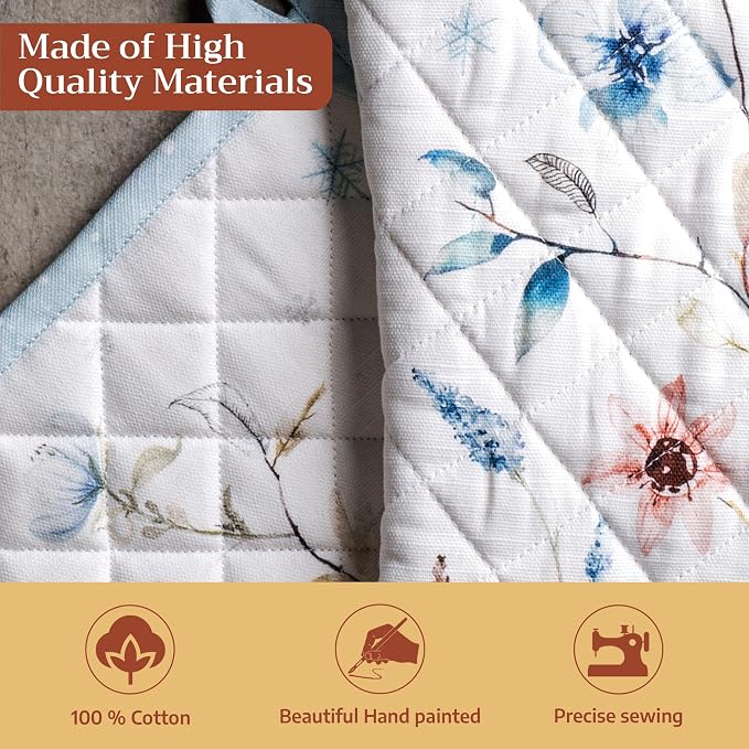 Maison d' Hermine 100% Cotton Oven Mitt & Pot Holder Set (7.5"x13" & 8"x8") | Heat Resistant BBQ Cooking Gloves with Loop Baking Grilling Kitchen Hotel Home Farmhouse Thanksgiving Christmas - Ice Florals