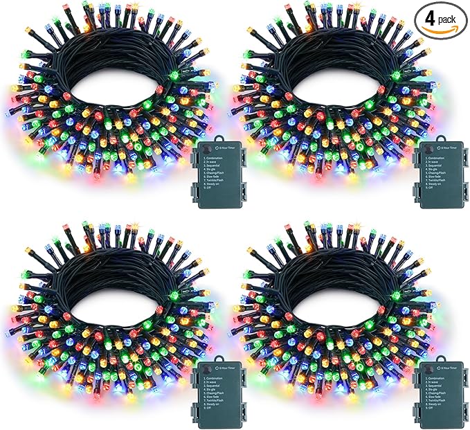 4 Pack Battery Operated Christmas Lights, 50 LEDs 16.5ft Multi Colored String Lights Outdoor Waterproof, Green Wire Battery Powered Twinkle Lights for Tree Wreath Christmas Decorations