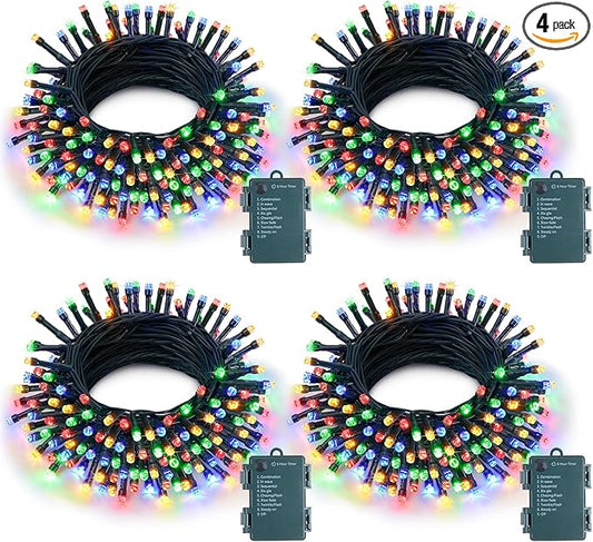 4 Pack Battery Operated Christmas Lights, 50 LEDs 16.5ft Multi Colored String Lights Outdoor Waterproof, Green Wire Battery Powered Twinkle Lights for Tree Wreath Christmas Decorations