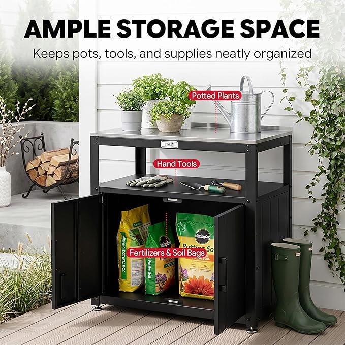 Feasto Metal Outdoor Potting Bench with Storage Cabinet for Garden Work | Durable Metal Cabinet & Stainless Steel Top, Open Middle Shelf, Raised Edge & Adjustable Feet, for Patio, Lawn & Greenhouse