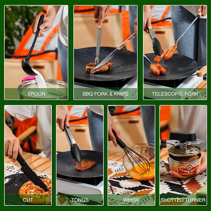 Wesqunie Camping Cooking Utensils Set, Cookware Set for Outdoor Hiking BBQ | Stainless Steel & Silicone Mess Kit, Durable Outdoor Kitchen Gear for Hiking, RV, Picnic Grill & Travel Camping Meal Prep