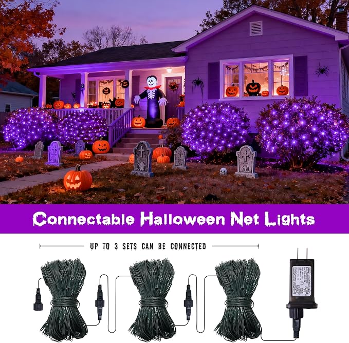 JMEXSUSS 360 LED Halloween Net Lights, Purple, 12ft x 5ft | Outdoor Waterproof, Connectable, Plug in, Mesh Lights with Remote for Bushes Shrubs Christmas Halloween Decorations