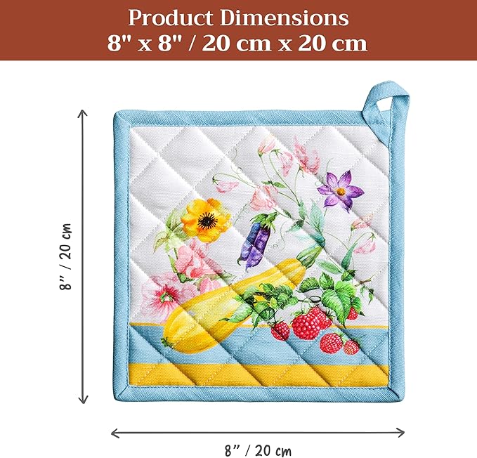 Maison d' Hermine Pot Holders 100% Cotton Heat Resistant Potholders 8" x 8" Hot Pads with Loop BBQ Cooking Baking Hotel Farmhouse Kitchen Handling Hot Pans Spring Summer (Pack of 2, Giverny)