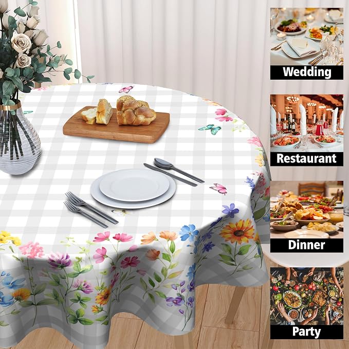 Sweetshow Spring Colorful Floral Table Cloth Round White Grey Buffalo Plaids Wildflower Butterflies Tablecloth 60 Inch Decor Washable Stain and Wrinkle Summer Round Table Cover for Dining Picnic