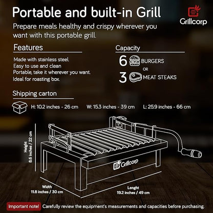 Junior Argentine Grill – Portable & Built-in 100% Stainless Steel BBQ with Lifting System & Drip Pan – Fits Junior Grillcorp Roasting Box – Outdoor Cooking & Camping Accessory