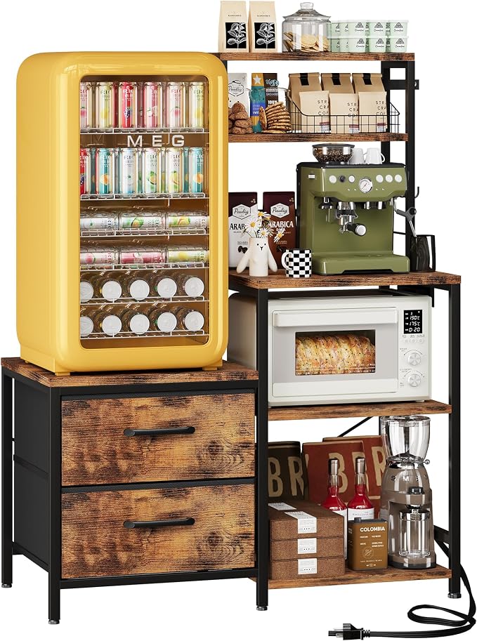 Homeiju Mini Fridge Stand Coffee Bar Cabinet with Power Outlet | Baker Rack with 5 Storage Shelves and 2 Large Drawers, Mini Fridge Shelf for Kitchen, Living Room, Office, Rustic Brown