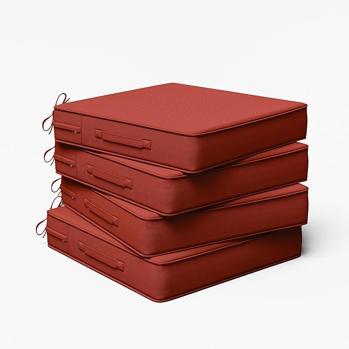 Outdoor Chair Cushion 22 x 22 x 4 Inches Patio Furniture Outdoor Waterproof Seat Cushion, Patio Chair Cushion with Handles and Ties, Square Dining Chair Cushion Set of 4, Terra Red