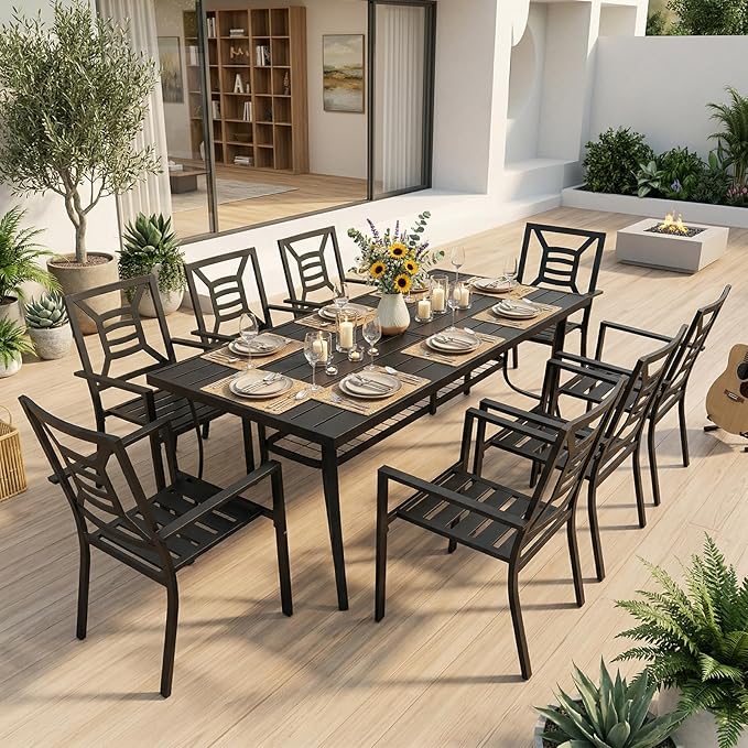 Outdoor Patio Dining Sets 9 Pieces, Large 77" Rectangular Metal Dining Table with Umbrella Hole & 8 Stackable Chairs, Weather Resistant Garden Furniture Set for Backyard, Deck, Porch