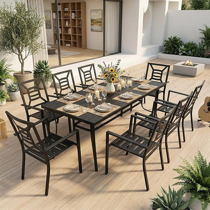 Outdoor Patio Dining Sets 9 Pieces, Large 77" Rectangular Metal Dining Table with Umbrella Hole & 8 Stackable Chairs, Weather Resistant Garden Furniture Set for Backyard, Deck, Porch