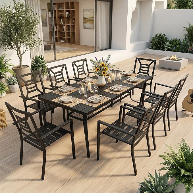 9 Piece Outdoor Patio Dining Sets, 77" Rectangular Metal Dining Table with Umbrella Hole & 8 Stackable Metal Chairs, Weather Resistant Garden Furniture Set for Backyard, Deck, Porch