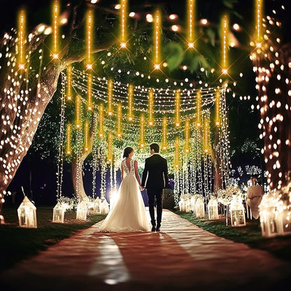 Warm White Icicle Lights Outdoor for Christmas New Year Party Yard Decor | 16-Tube, Equivalent to 2 Sets of 8-Tube, Waterproof Meteor Shower Lights for Xmas Thanksgiving New Year Wedding Outdoor Decor