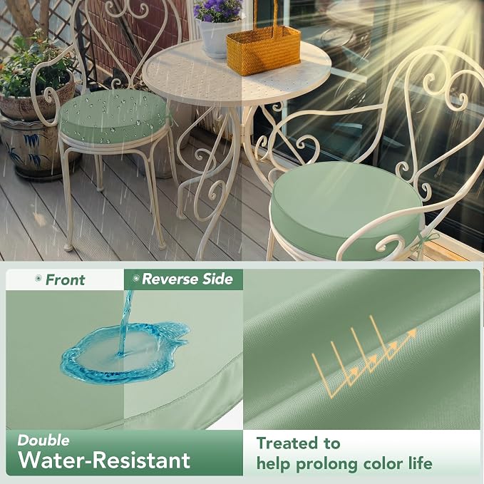 Summsun Outdoor Bistro Chair Cushions Set of 4, 15" D x 3" H Round Chair Cushions Waterproof and Fade Resistant Chair Cushion Pads with Non-Slip Ties and Removable Covers for Garden, Sage Green