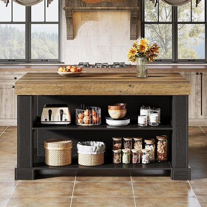 Tribesigns 55" Kitchen Island with Seating and Storage, 3-Tier, Farmhouse | Wood Stationary Island Table with Large Worktop & Legroom, Heavy Duty, Coffee Bar Table with Storage Shelf for Kitchen, Black