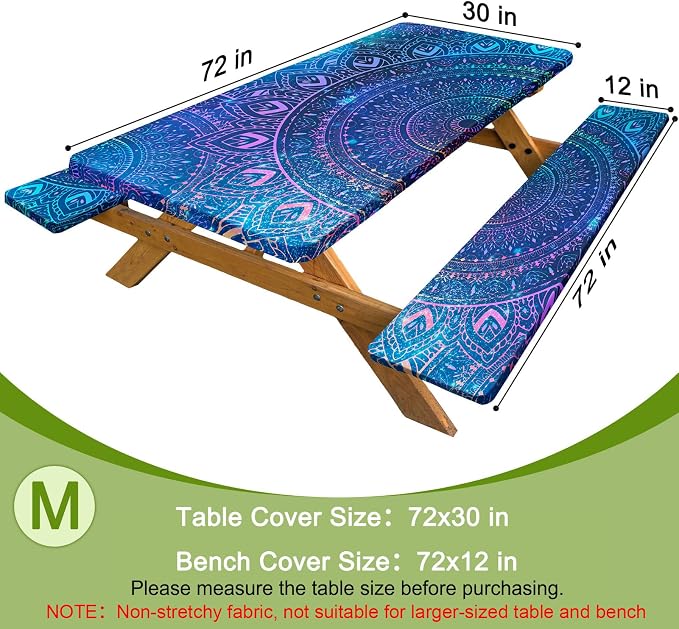 Picnic Table Cover with Bench Covers Windproof Waterproof Picnic Table Covers Camping Tablecloth with Self-Storage Bag, 72in, Deep Blue