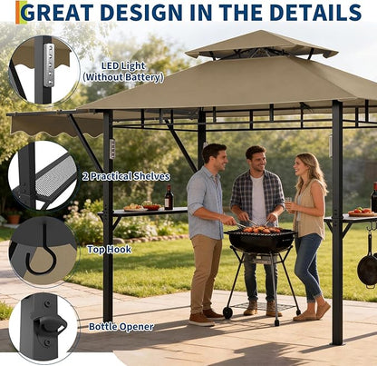 8x5 ft Grill Gazebo, Double Tired Outdoor Patio Canopy Tent with Side Awning Shelves,4 LED Lights,10 Hooks & Bottle Opener,Heavy Duty Steel Frame Grilling Canopy for Patio Backyard Garden Picnic,Khaki