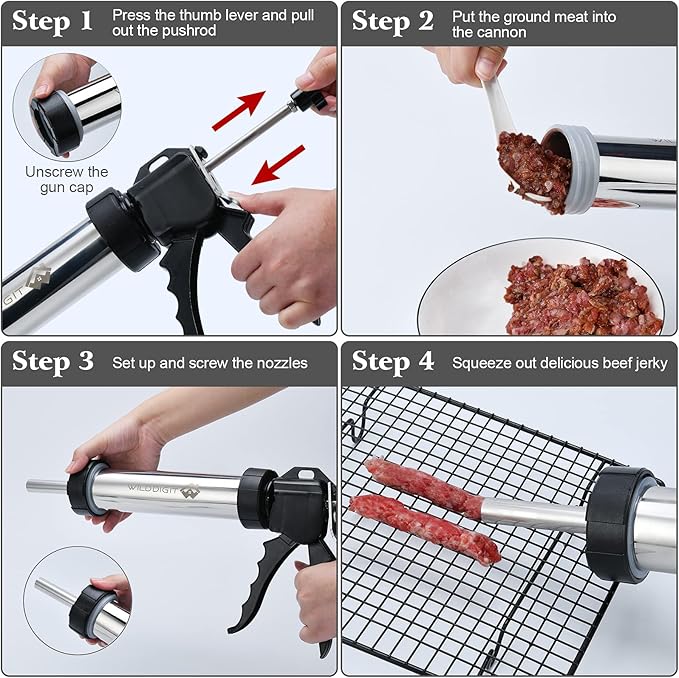 Professional Beef Jerky Gun Kits, Stainless Steel Jerky Maker, Jerky Cannon, Meat Gun with 5 Stainless Nozzles and 5 Brushes