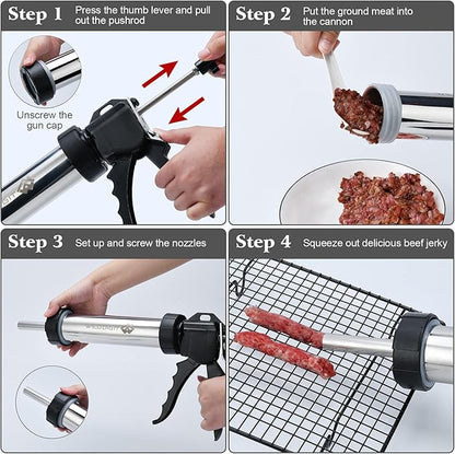 Professional Beef Jerky Gun Kits, Stainless Steel Jerky Maker, Jerky Cannon, Meat Gun with 5 Stainless Nozzles and 5 Brushes
