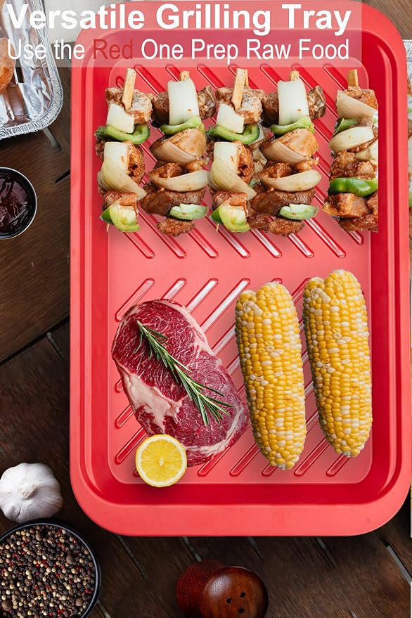 ECOIOU Deep Grilling and Prep Serving Tray, Dishwasher-Safe | BBQ Trays for Raw and Cooked Food, Melamine Serving Trays for Food, Set of 2, Black and Red