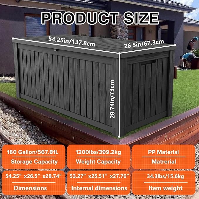180 Gallon Deck Box Organizer, Doubles as 2-Person Bench Seat, Black – Large Resin Outdoor Storage and Seating with Lockable Lid for Garden, Pool, and Patio