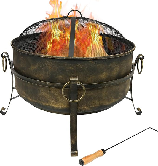 Sunnydaze 24-Inch Steel Small Fire Pit for Outside - Wood-Burning Fire Pit Bowl for Outdoors with Spark Screen, Log Poker, and Grate