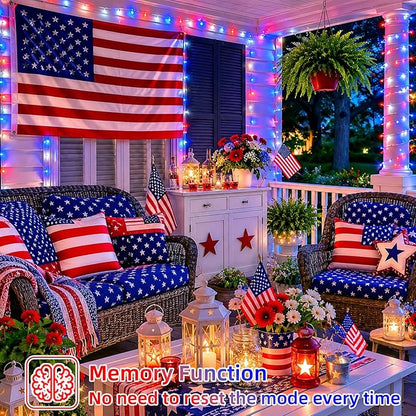 YEGUO 165ft 500 LED Red White and Blue Lights, 4th of July Decorations String Lights Plug in Indoor Outdoor, 8 Modes Clear Wire Patriotic Light for Independence Day Holiday Memorial Day Party Decor
