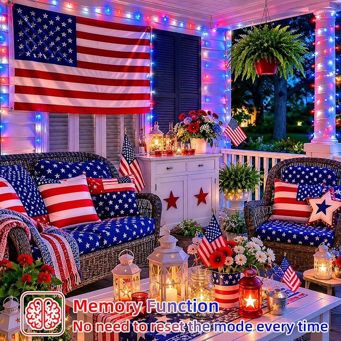 YEGUO 66ft 200 LED Red White and Blue Lights, 4th of July Decorations String Lights Plug in Indoor Outdoor, 8 Modes Clear Wire Patriotic Light for Independence Day Holiday Memorial Day Party Decor
