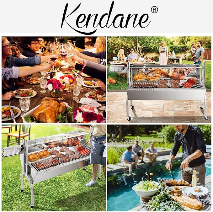 Kendane Rotisserie Grill Charcoal Spit Roaster, Stainless Steel 46" Pig Lamb Hooded Roaster Charcoal Spit with 30W Motor & Adjustable Height Lockable Casters for Party Barbecue, Rated 150 LB