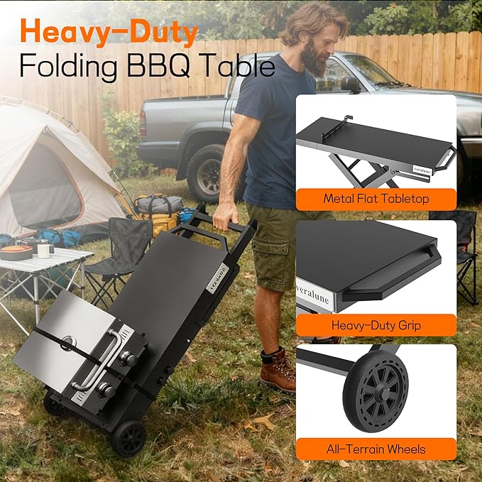 veralune Folding Grill Table, Outdoor Prep Table with 2 Wheels, Adjustable Height Portable Grill cart for Outdoor Cooking Camping BBQ Tailgating Picnicking
