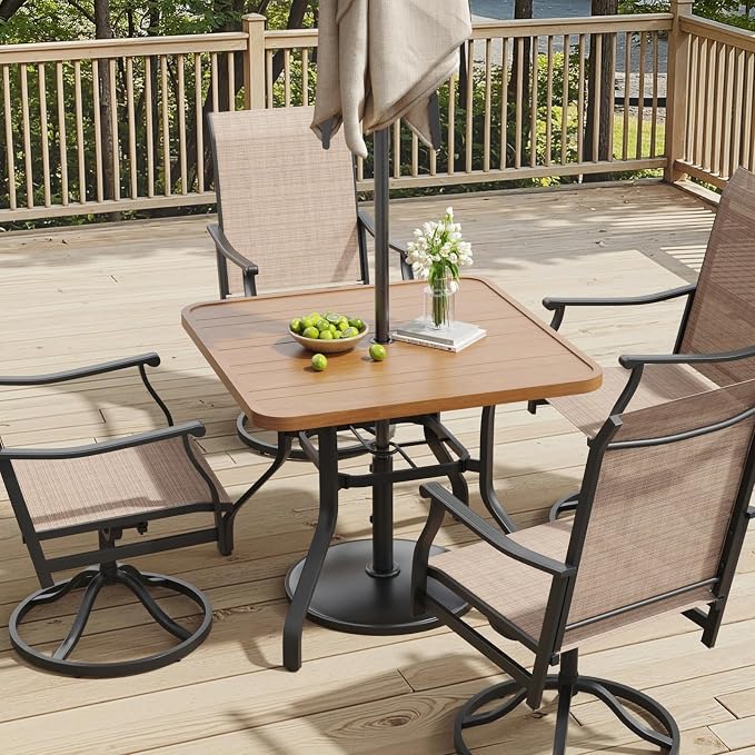 Outdoor Patio Dining Table with 1.57" Umbrella Hole, 35"x35" Wood-Like Texture, All-Weather Metal Frame for Poolside, Deck, Porch