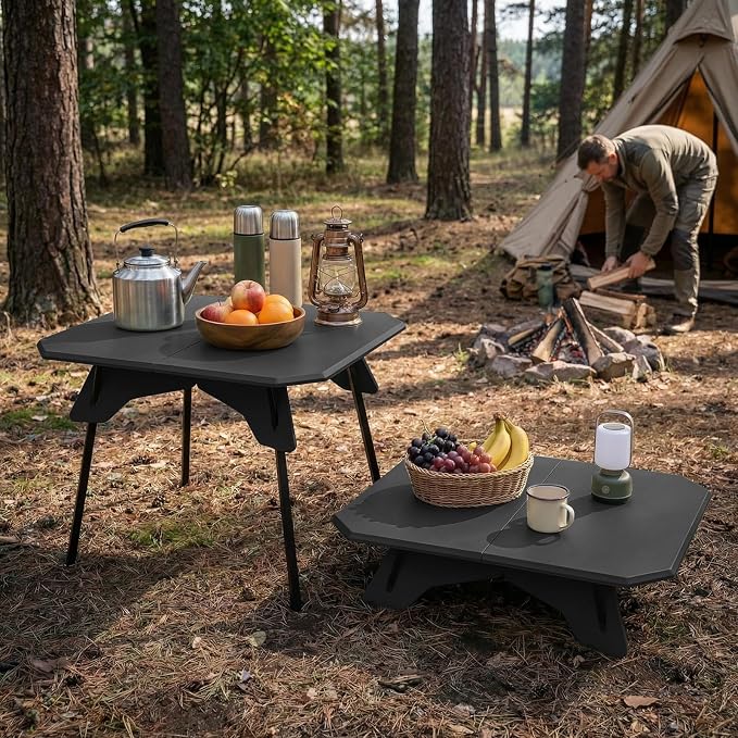 Folding Camping Table, 2-in-1 Adjustable Height Portable Outdoor Aluminum Camp Desk with Carrying Bag, Lightweight Foldable Table for Picnic, Beach, BBQ, Hiking, Fishing, Travel (Black)