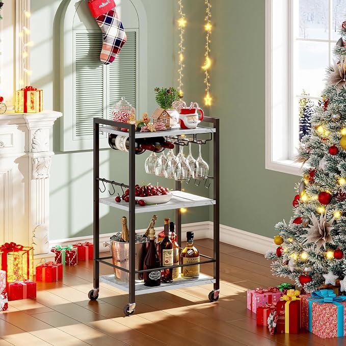 TUTOTAK Bar Cart with Wheels, Mini Drink Cart with Wine Rack & Glass Holder | 3-Tier 17 Inch Wide Home Bar Serving Carts, Small Mobile Kitchen Shelf with 6 Hooks, Marble White BC01BM035