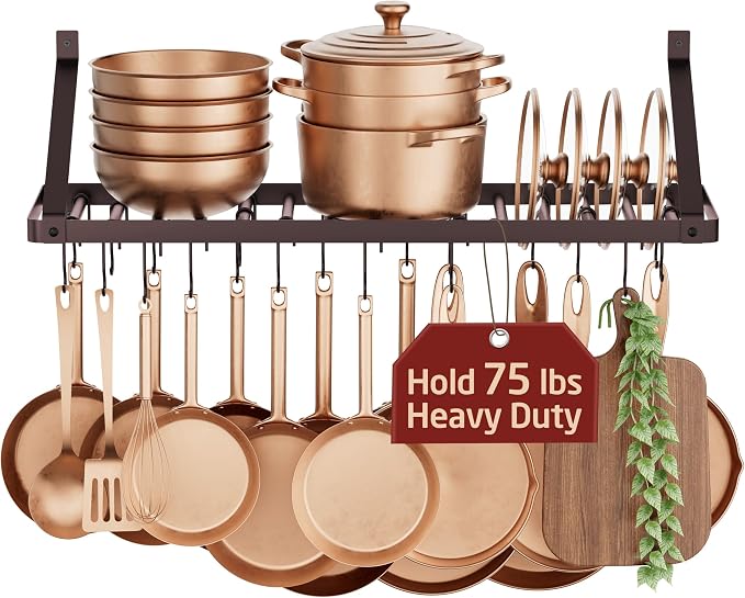 KES 75lb High-Capacity Oil Bronze Pot Rack Wall Mounted with Pot Lid Holder | 34 Inch Heavy-Duty Pots and Pans Hanging Rack with 20 Hooks, Drilling Template Provided for Easy Install
