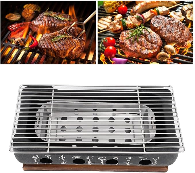 Fockety Japanese BBQ Grill, Charcoal Portable Barbecue Stove, Aluminum Alloy Hibachi Grill Charcoal Stove Yakitori Grill, Rectangle Calligraphy Quick Heating Wire Grill Base for