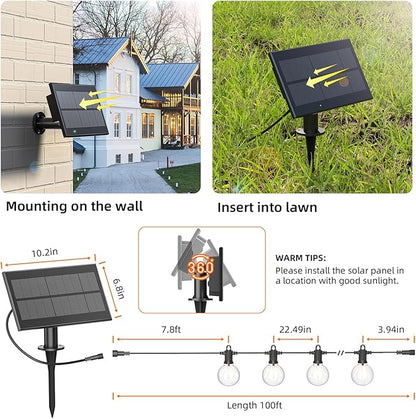 Kawaya 100FT Solar Outdoor String Lights, USB Charging & Solar Powered, IP65 Waterproof Shatterproof Edison Hanging LED Lights for Patio Garden Porch Fence Camping Party
