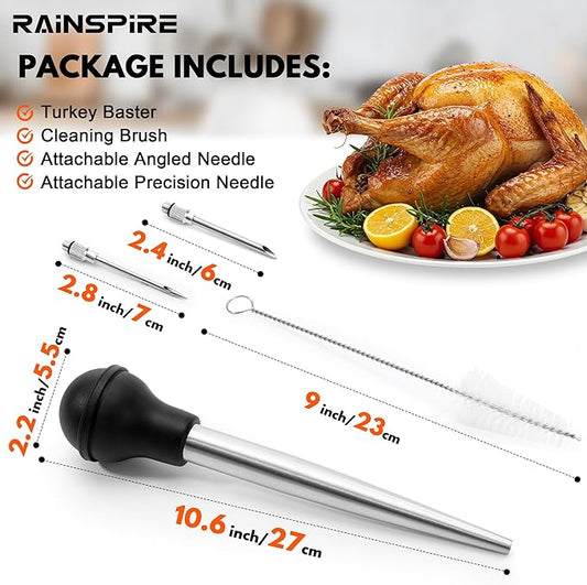 Rainspire Upgraded Large Stainless Steel Turkey Baster for Cooking With 2 Detachable Needles and Cleaning Brush Premium Baster Tool for Cooking Dishwasher Safe Home Baking Kitchen Tool, Black