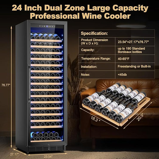 Upgraded 190 Bottles Wine Cooler Refrigerator,24 Inch Wide Wine Fridge with Professional Temperature Control System,Freestanding or Built-in installation, Quiet Operation,Black