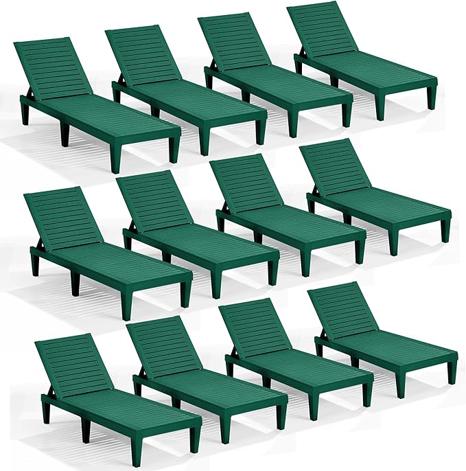 Nestl Sun Tanning Chair - Forest Green Chaise Lounge Chair Outdoor, Lightweight Pool Lounge Chairs Set of 12, Adjustable 5-Position Reclining Lawn Chair, Waterproof Beach Outdoor Lounge Chairs