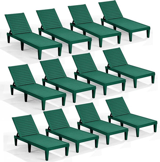 Nestl Sun Tanning Chair - Forest Green Chaise Lounge Chair Outdoor, Lightweight Pool Lounge Chairs Set of 12, Adjustable 5-Position Reclining Lawn Chair, Waterproof Beach Outdoor Lounge Chairs