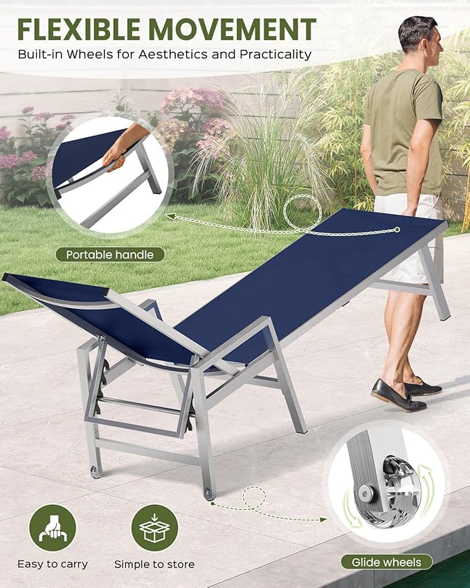 Vexwalx Patio Chaise Lounge Chair Outdoor with Wheels&Armrests, Aluminum Pool Lounge Chairs 5-Position Adjustable Recliner, Outdoor Beach Lounge Chairs for Poolside, Patio, Deck, Yard, Navy Blue