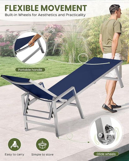 Vexwalx Patio Chaise Lounge Chair Outdoor with Wheels&Armrests, Aluminum Pool Lounge Chairs 5-Position Adjustable Recliner, Outdoor Beach Lounge Chairs for Poolside, Patio, Deck, Yard, Navy Blue