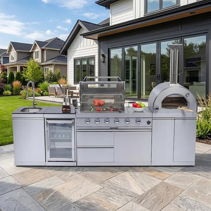 112" Outdoor Kitchen,4 burners 108000 BTU Double Stainless Steel Propane Gas BBQ, Silver, with Pizza Oven, Wine Cooler, Refrigerator, Rotisserie, Granite Countertops & Storage Cabinets