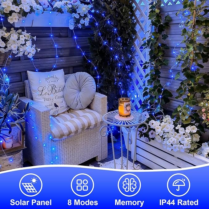 QITONG Solar Fairy Lights Outdoor Waterproof, 2 Pack Each 66ft 200 LED Blue Christmas String Lights, Silver Wire Twinkle Mini Lights with 8 Modes