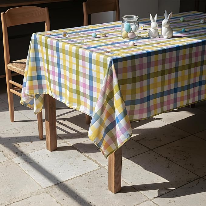 Easter Waterproof Polyester Tablecloth, Pastel Checkered Fabric Table Cover for Spring Party, Kitchen Dining Decor, Easy Care Cloth Tablecloth for Indoor Outdoor Use, W60 x L60 in