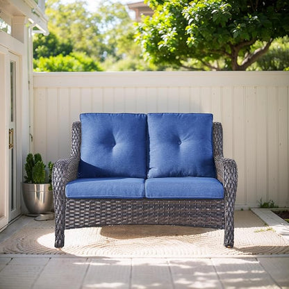 Outdoor Loveseat Sofa-2 Seater Rattan Wicker Patio Couch High Back Patio Sofa for Porch Deck Backyard-Brown/Blue