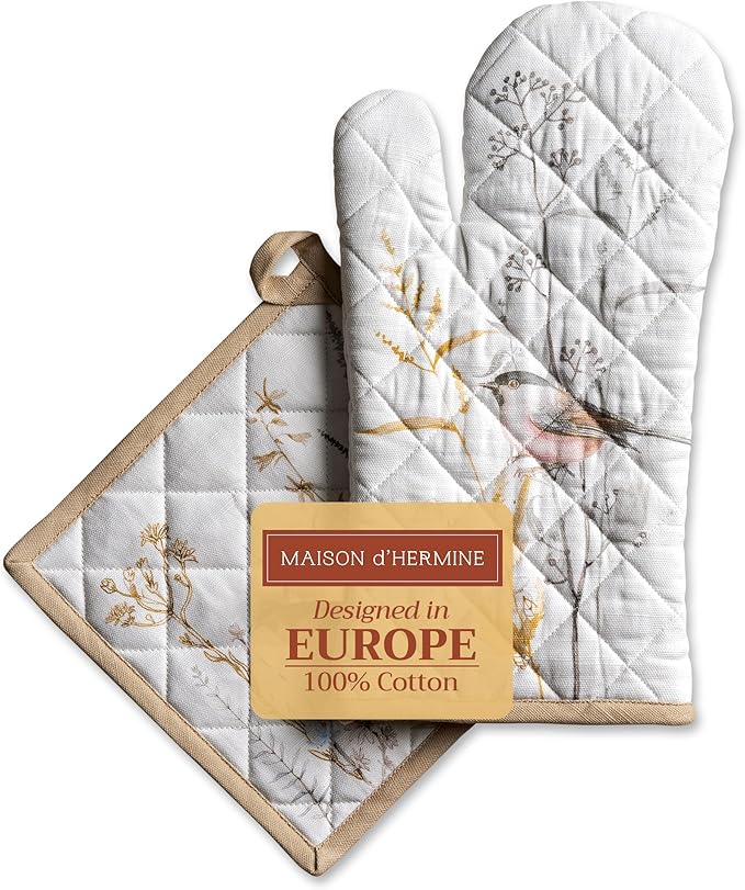 Maison d' Hermine 100% Cotton Oven Mitt & Pot Holder Set (7.5"x13" & 8"x8") Heat Resistant BBQ Cooking Gloves with Loop Baking Kitchen Hotel Home Farmhouse Spring Summer (Meadow Florals - Beige)